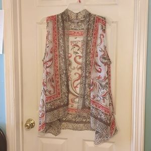 Chico's Sheer Chiffon Waterfall Vest Size 2 Floral Animal Print Coral Brown